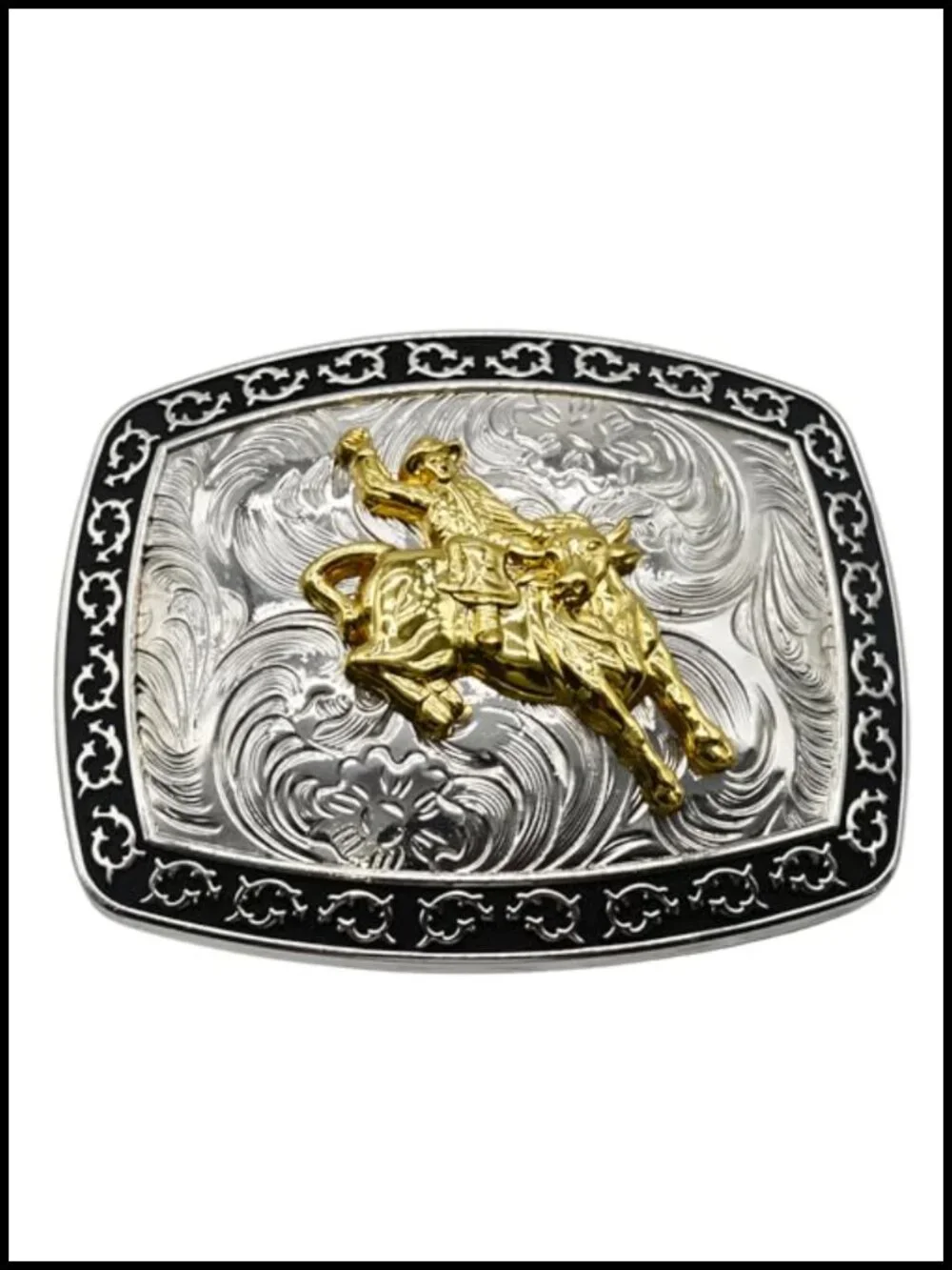 Western Rodeo Belt Buckle - Large Gold Tone Metal Cowboy Bull Rider